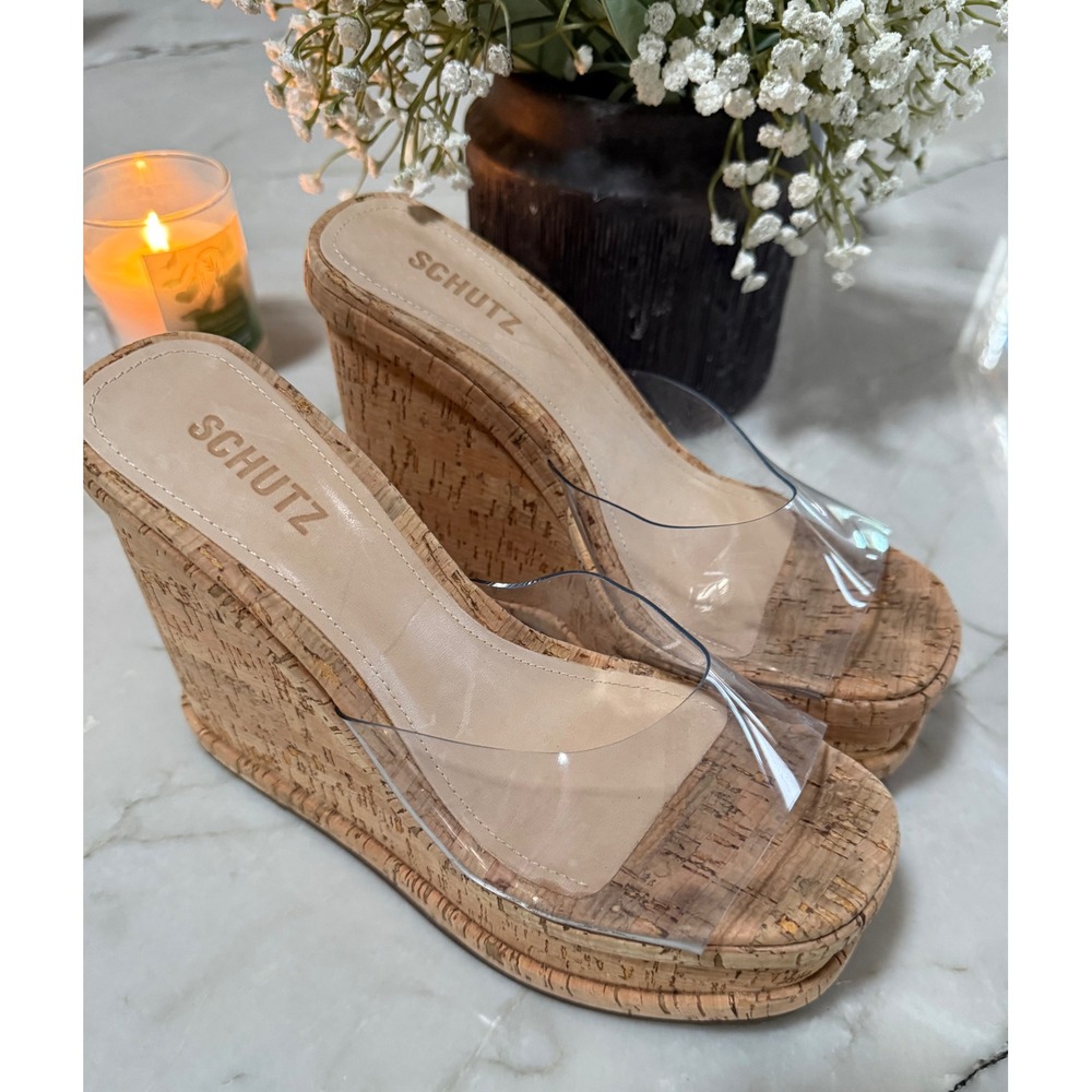 Schutz Dalle Clear Vinyl Cork Platform Wedge Sandals Size 8B Made in Brazil